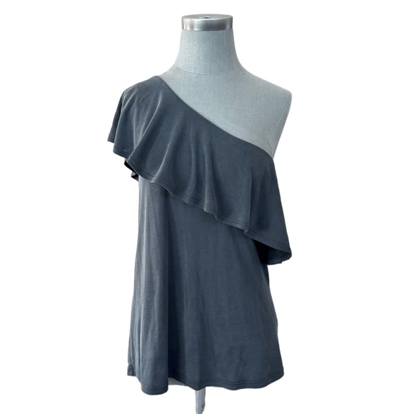 Women’s Top GREEN ENVELOPE Gray Ruffled One Shoulder Shirt Top Loose Fit Blouse - Picture 2 of 6